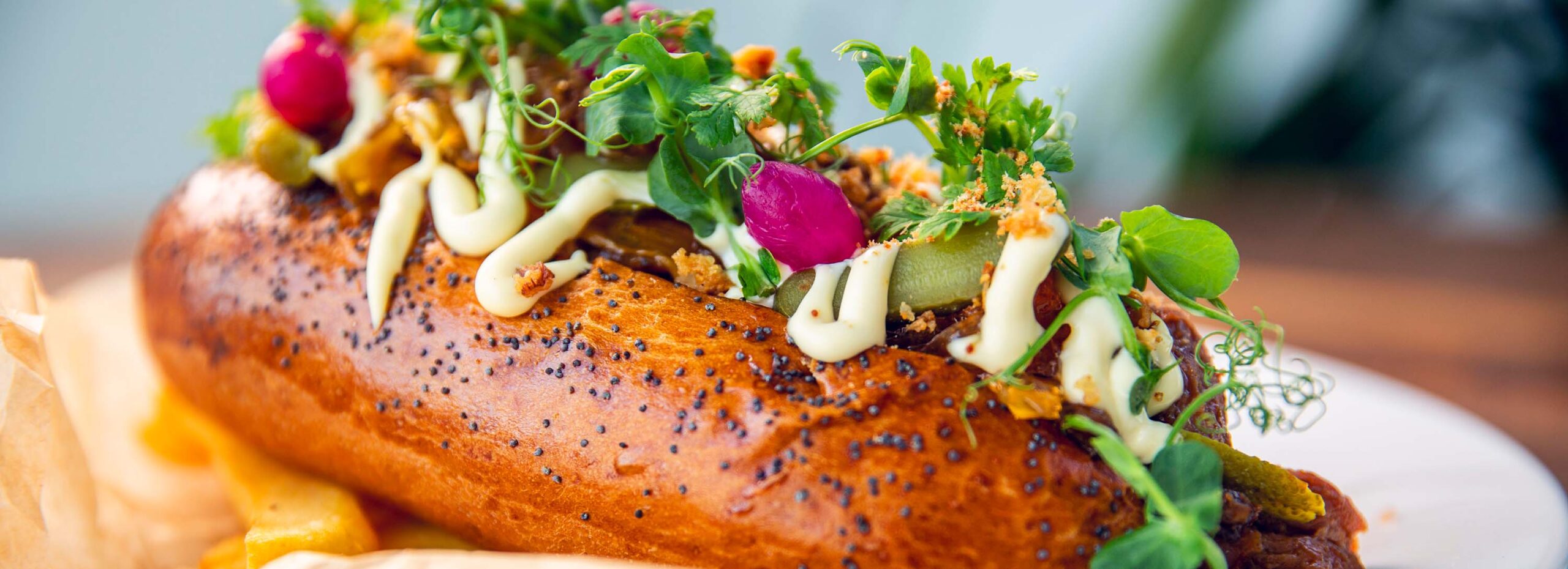 Loupák s trhaným vepřovým masem, zkaramelizovaná cibule, okurek, majonéza, sýr a hranolky | Restaurace Kavárna Květná