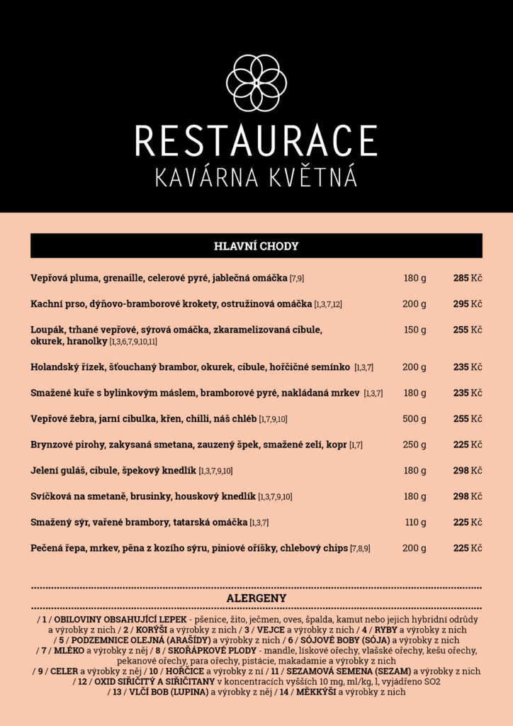 Jídelní lístek Restaurace Kavárna Květná